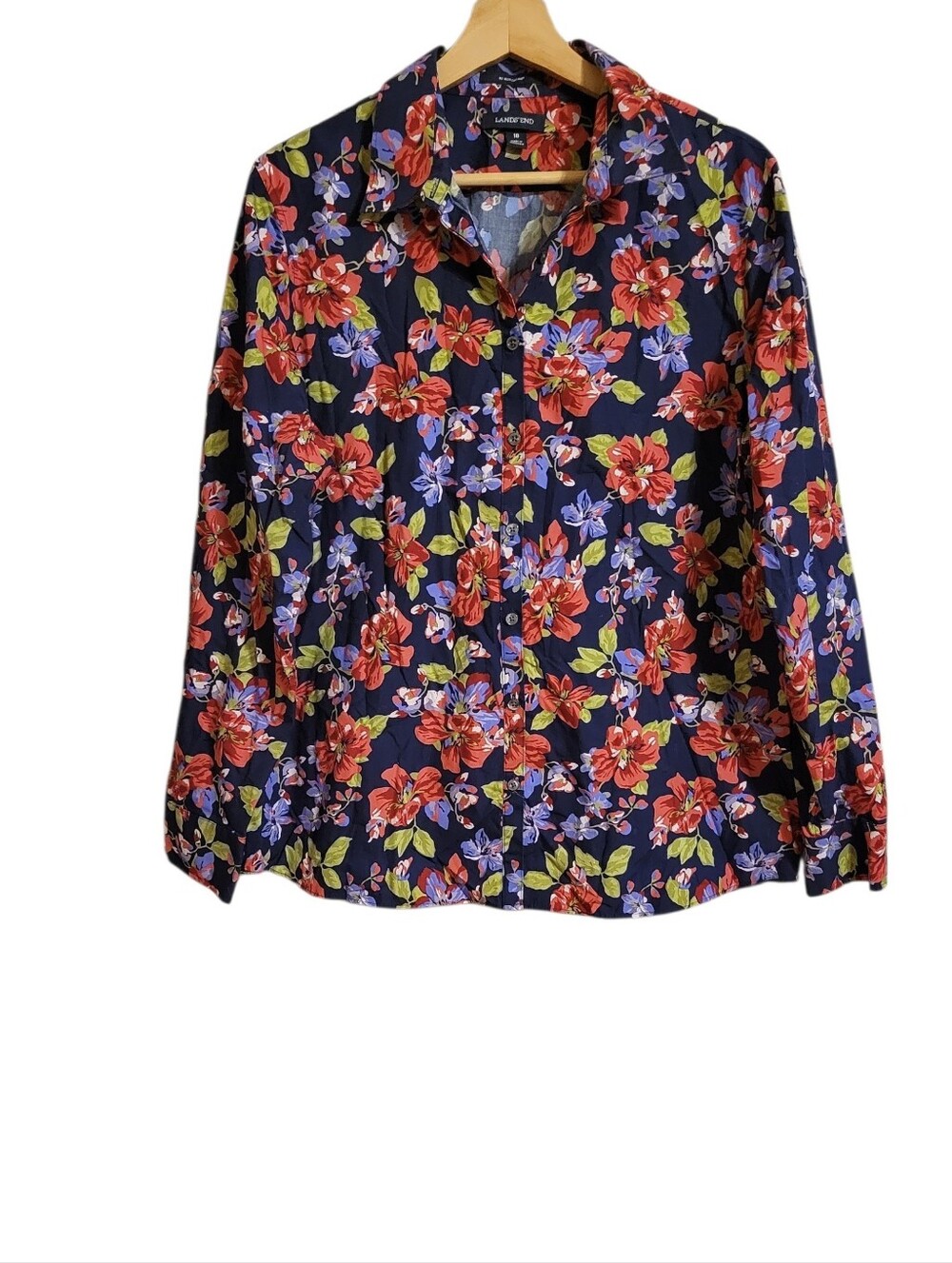 Lands End No Iron Supima Floral Long Sleeve Button Up Shirt